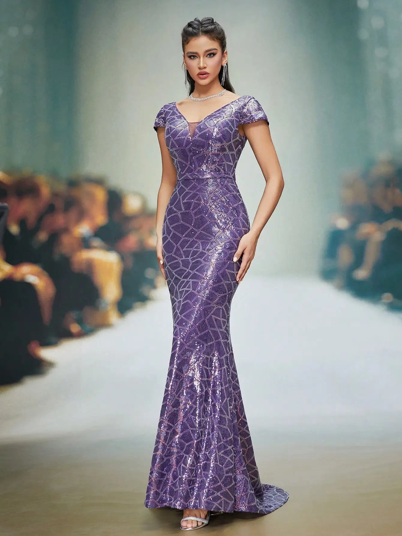 FZ Women's Embroidered Sequins Strapless Sleeves Evening Dress