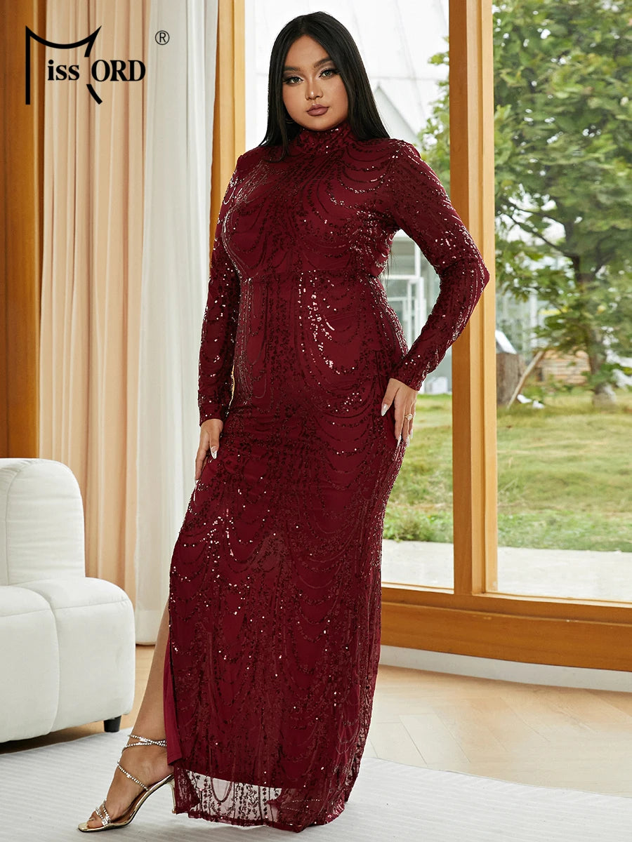 FZ Women's Plus Size Round Neck Long Sleeved Sequin Split Maxi Evening Dress