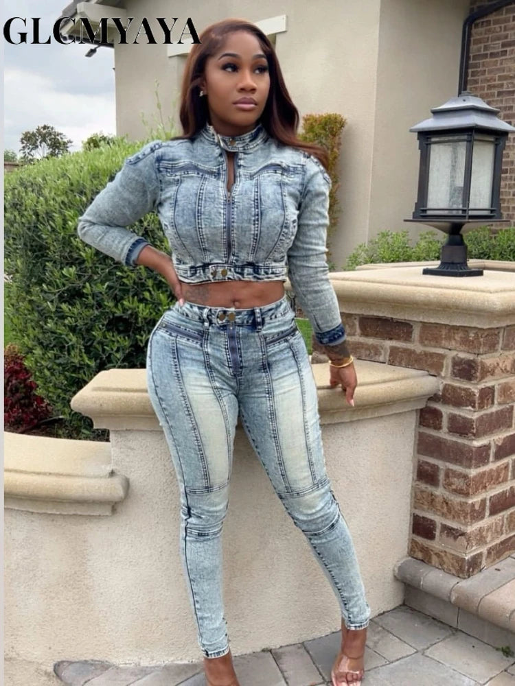 FZ Women's Patchwork Pencil Street Two 2 Piece Washed Denim Pants Suit