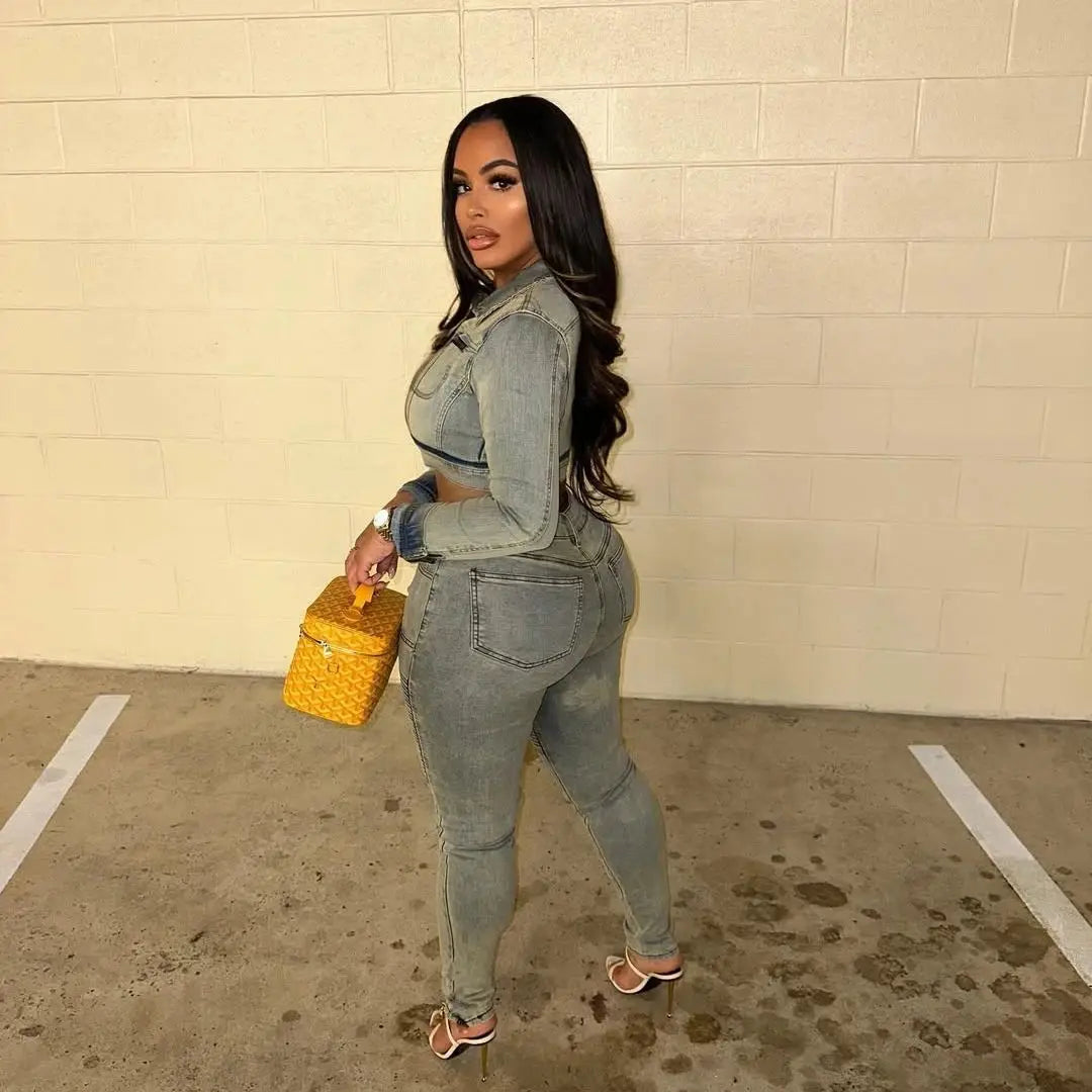 FZ Women's  Y2K Streetwear Pencil Two Piece Denim Pants Suit