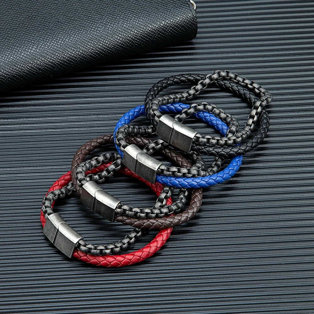 FZ Punk Rock Chain Stainless Steel Magnet Button Leather Bracelet