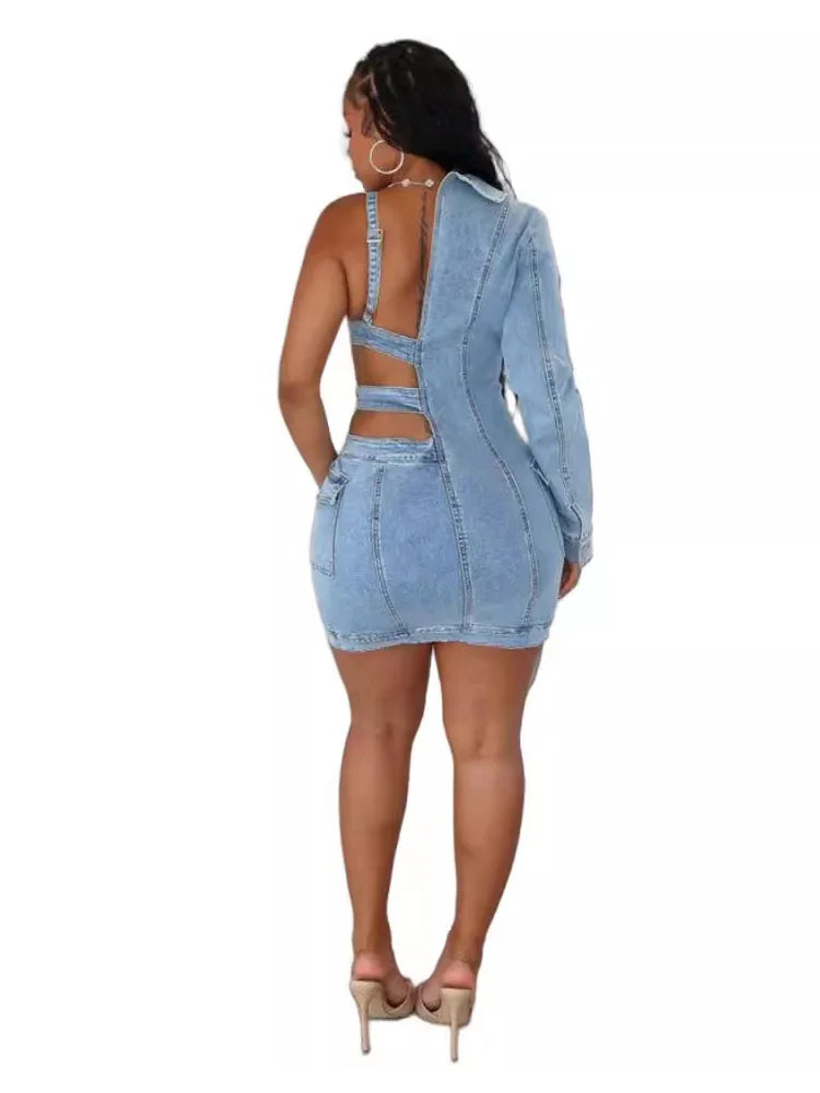 Benuynffy Deep V-neck Sexy Cutout Denim Dress Women Autumn New Single Breasted Elastic Fashion Long Sleeve Spring Mini Dresses FZwear