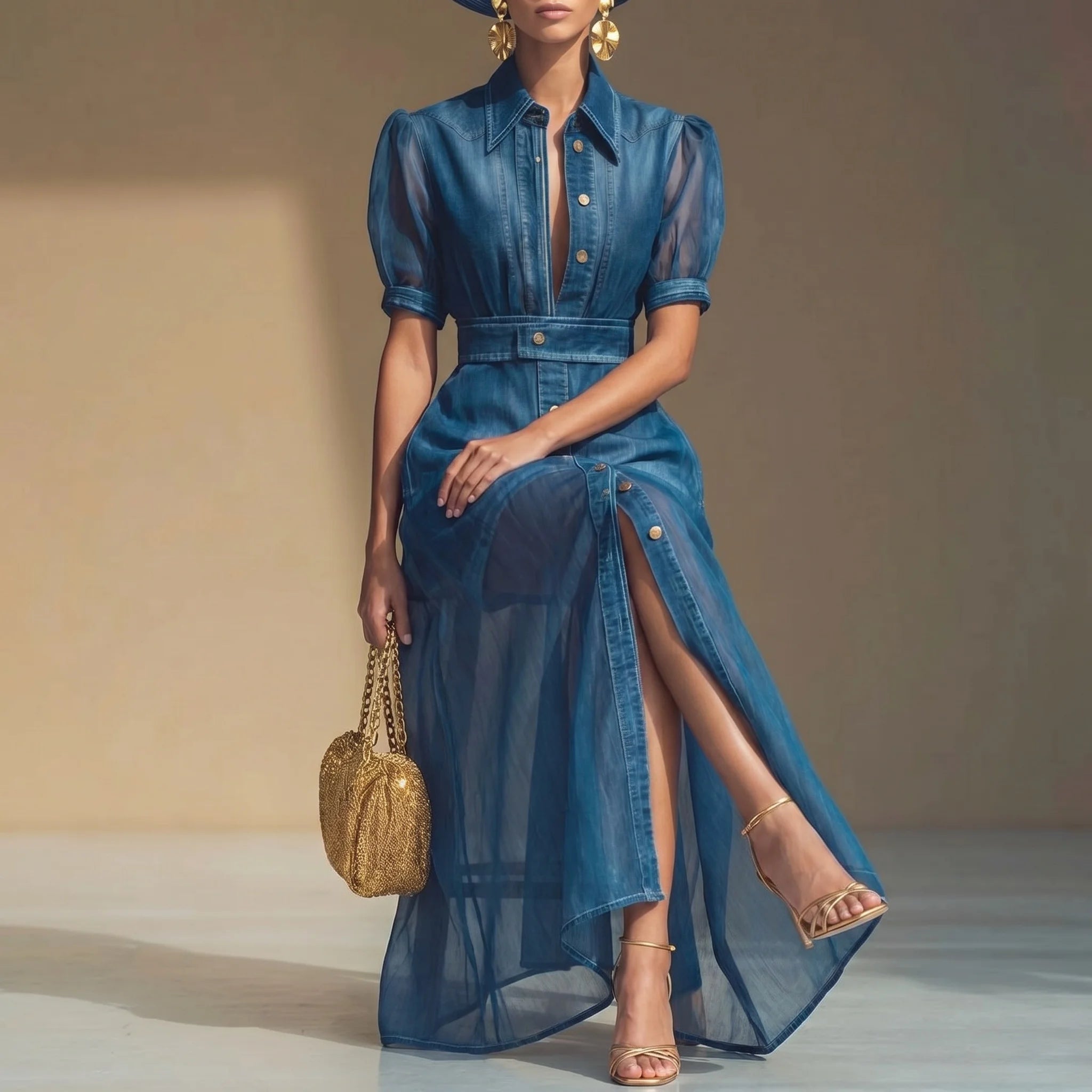 FZ Women's Sheer Mesh Short Sleeve Turn Down Collar Maxi Denim Dress