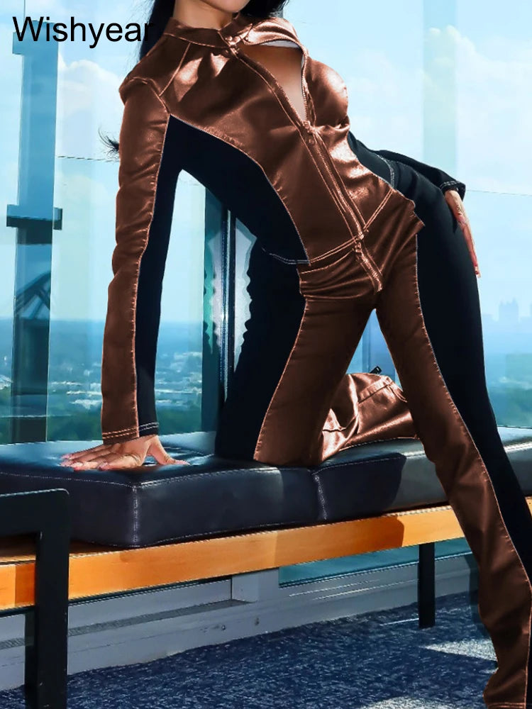 FZ Women's Street moto bike stretch PU Leather flared 2 Pieces Pants Suit