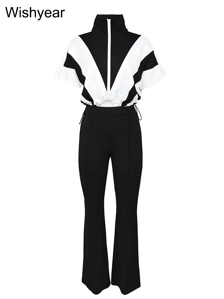 FZ Women's Vintage Cotton Patchwork Short Sleeve Flare Bottom Two Piece Pants Suit