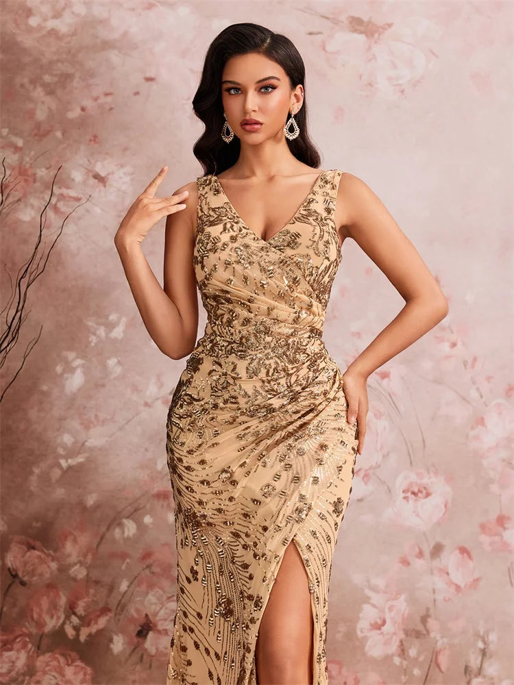 FZ Women's V-neck Slit Sequin Mermaid Deep Cocktail Evening Dress
