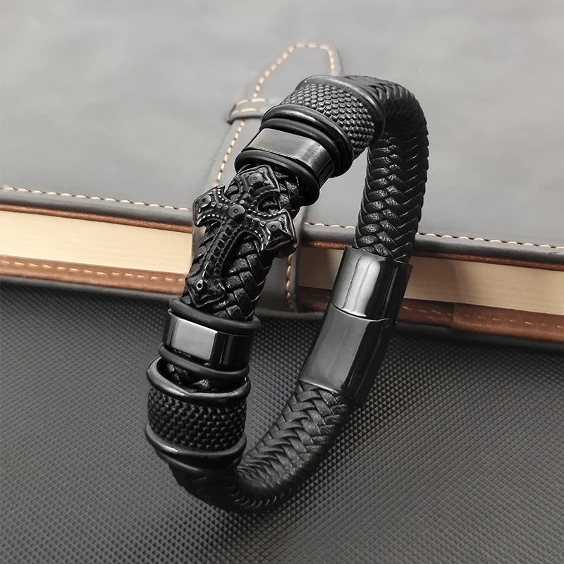 FZ Men's Hand-woven Rope Multi-layer Stainless Steel Leather Cross Bracelet