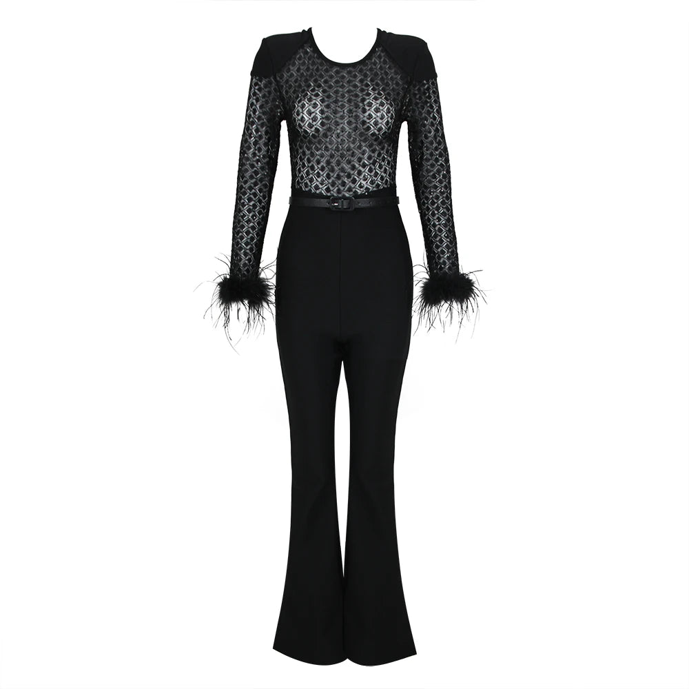 FZ Women's Long Sleeve Sexy Feathers Bandage Jumpsuit - FZwear