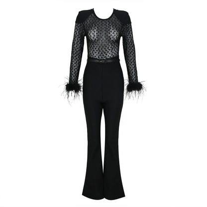 FZ Women's Long Sleeve Sexy Feathers Bandage Jumpsuit - FZwear