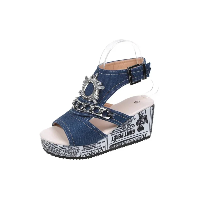 FZ Women's Newspaper Pattern Slingback Platform Wedges Sandal Shoes