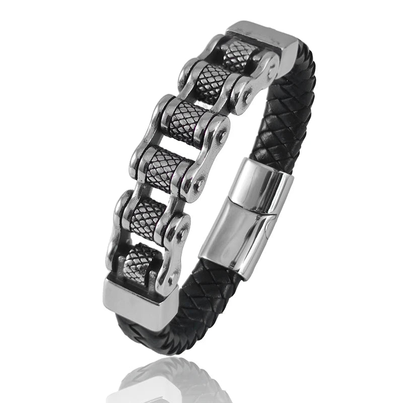 FZ Classic Locomotive Chain Leather Stainless Steel Punk Magnetic Clasp Bracelet