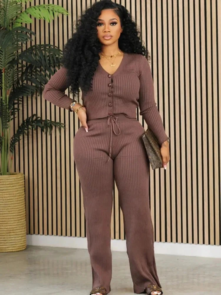 FZ Women's Solid Ribbed Knitted Long Sleeve Button 2 Piece Sets Pants Suit