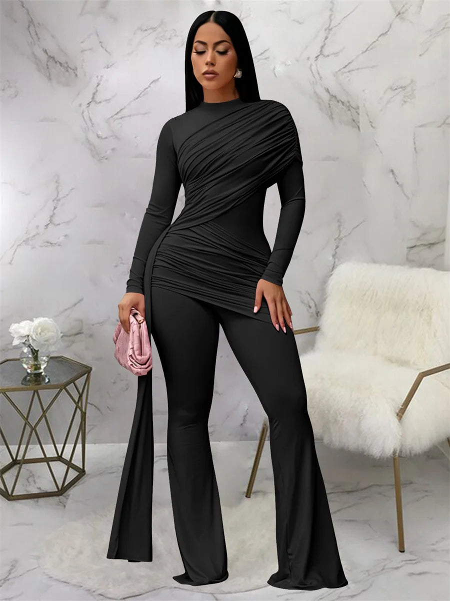 FZ Women's Ruched Chic Ribbon Patchwork Flared Jumpsuit