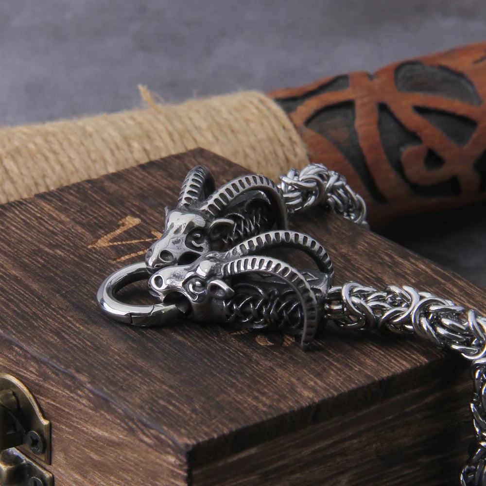 Stainless Steel Viking Goat Head Square-link Chain with Round Clasp without Pendant with wooden box as christmas gift FZwear