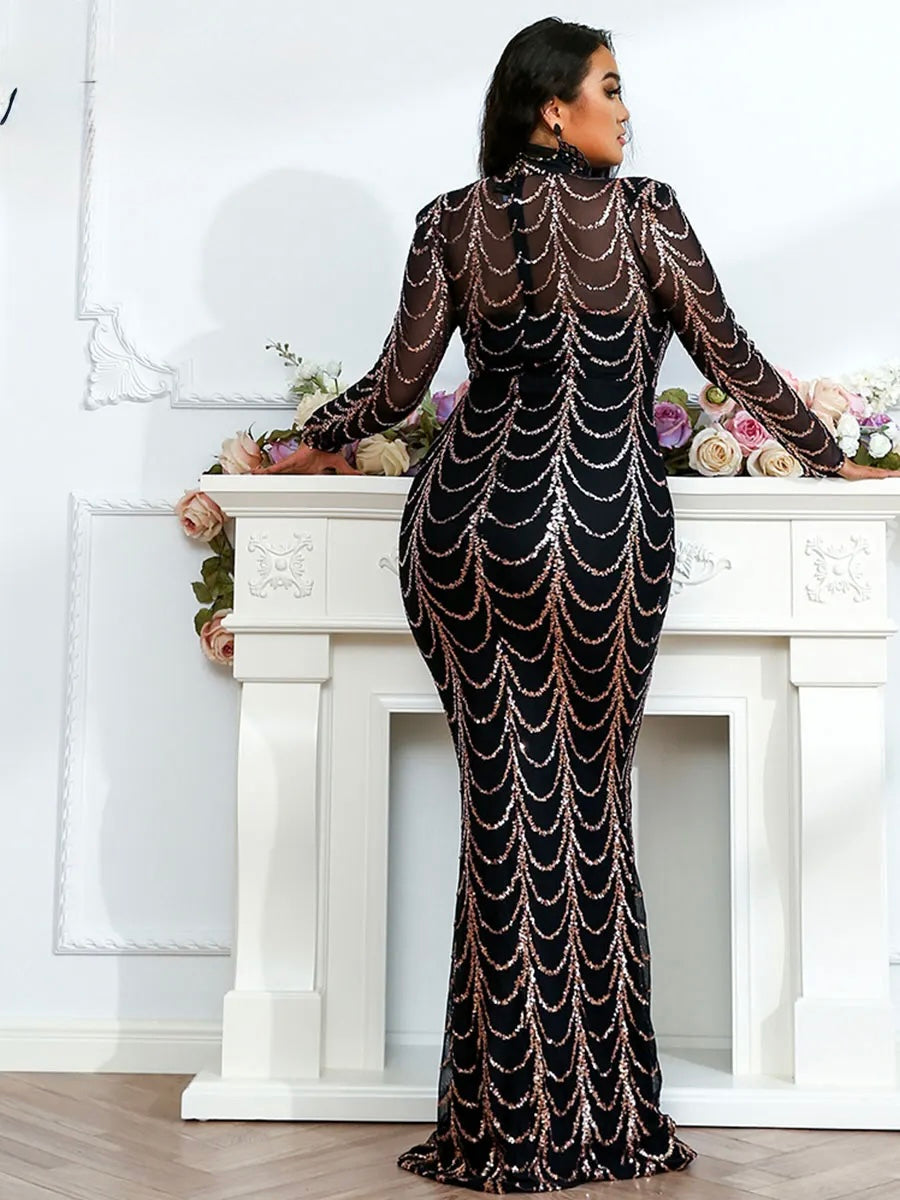 FZ Women's Plus Size High Neck Sequins Maxi Evening Dress