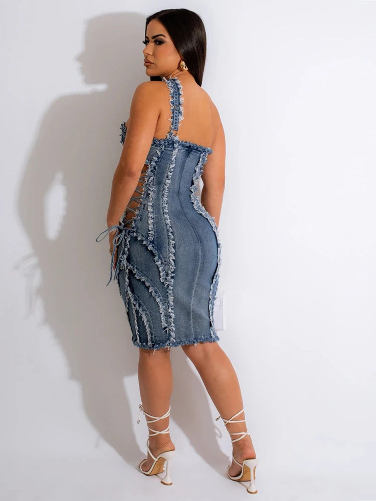 Denim Dresses for Women 2023 Summer Chic and Elegant Woman Dress Sleevess Sexy Short Daring Dresses Wholesale Dropshipping FZwear