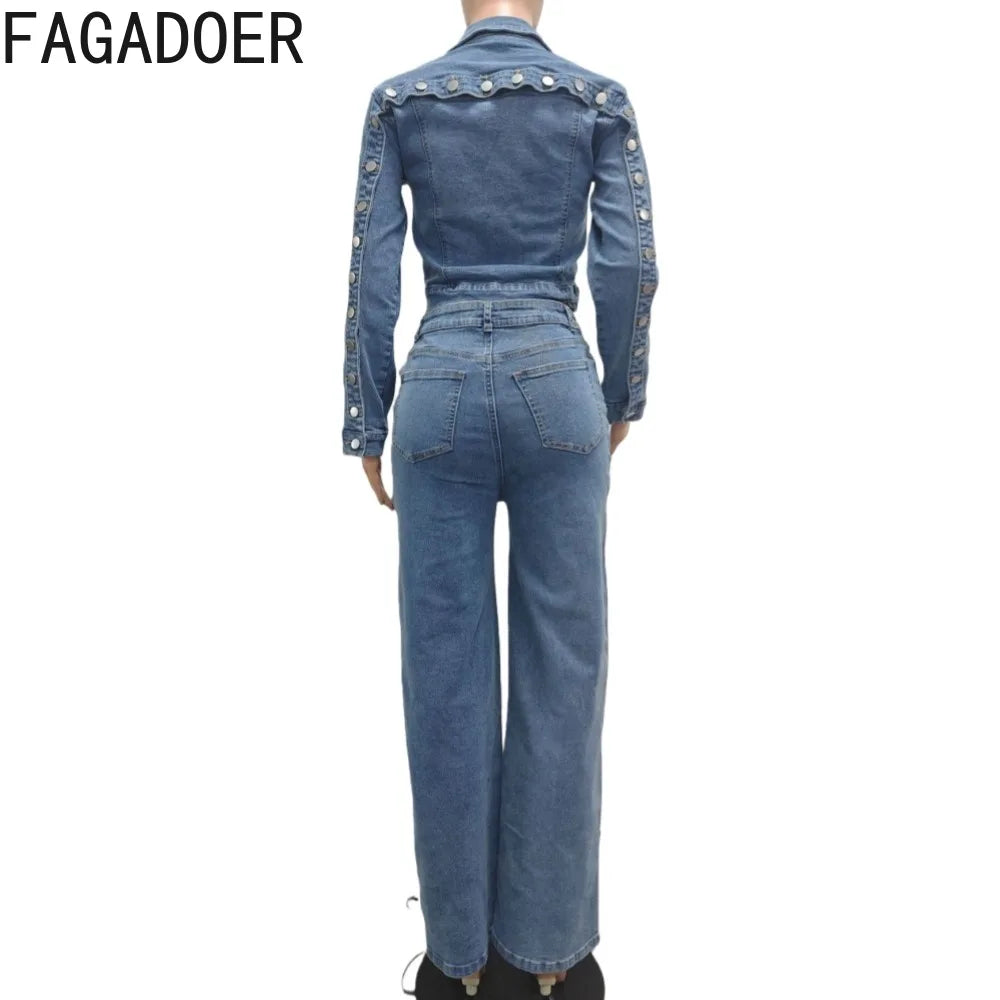FZ Women's Solid Color Single Breasted Streetwear 2 Pieces Denim Pants Suit