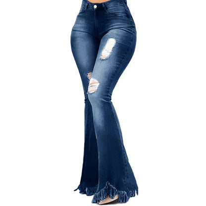 FZ Women's Tassel Ripped Skinny High Waist Full Length Vintage Denim Flare Pants - FZwear
