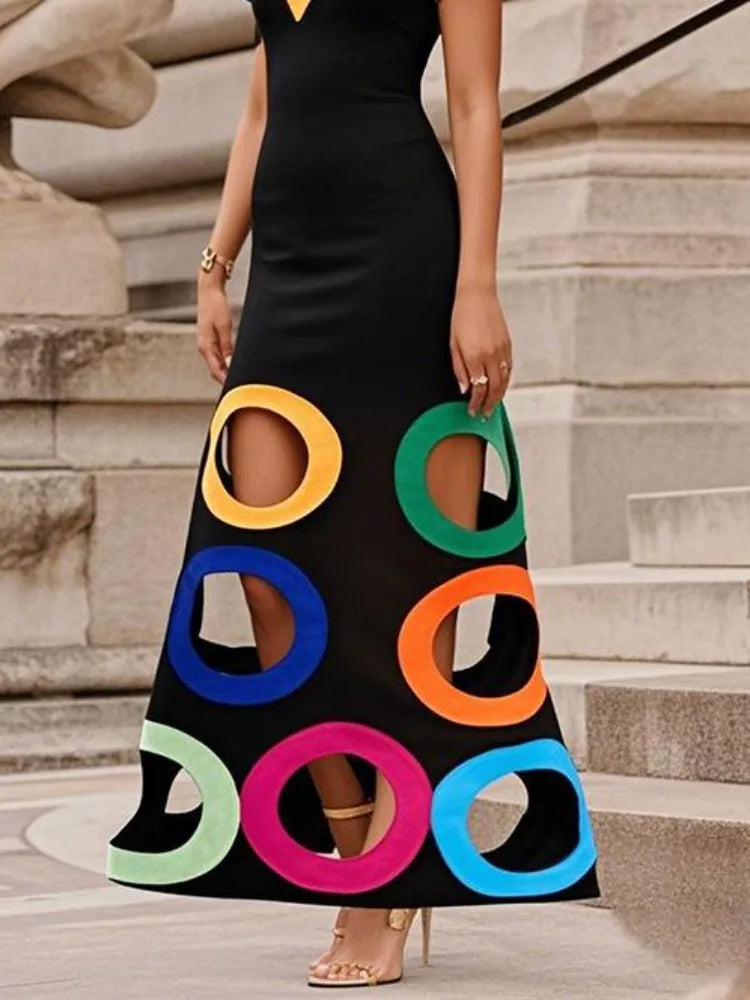 FZ Women's Slim Fit Contrast Color A-line Geometric Cutouts Party Dress