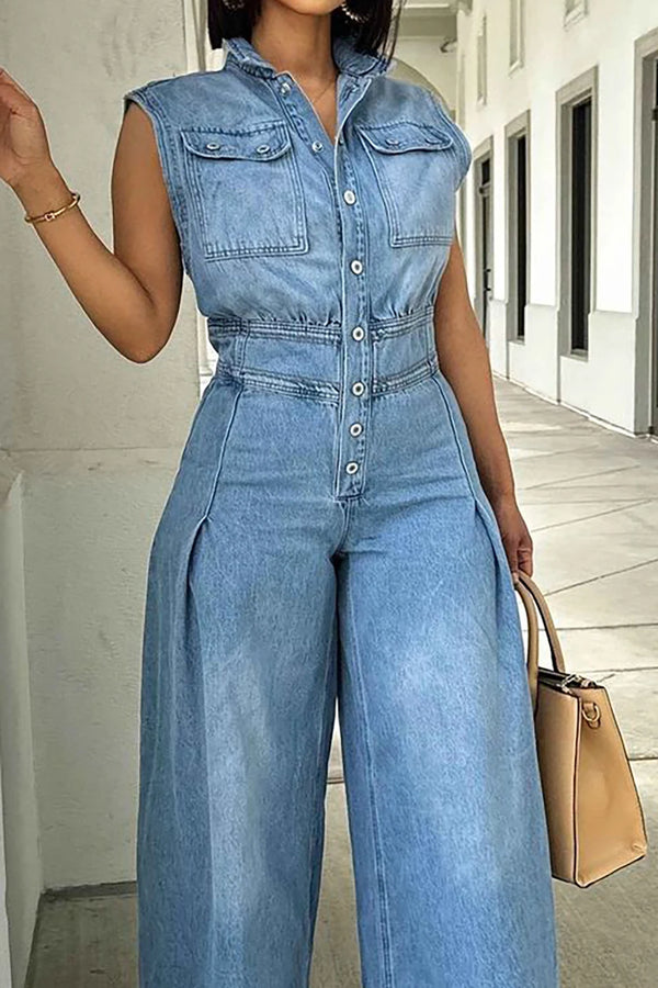 FZ Women's Plus Size Turn Down Collar Wide Leg High Waist Streetwear Denim Jumpsuit - FZwear