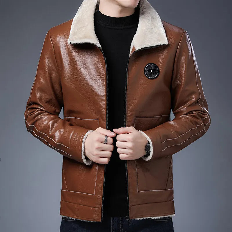 FZ Men's Plus Size Fur Collar Plus Velvet PU Leather Jacket