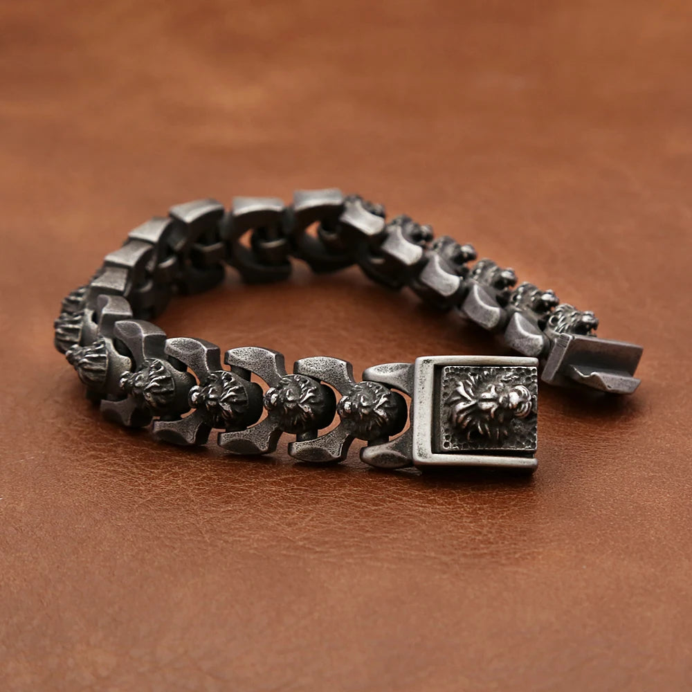 FZ Vintage Stainless Steel Black Punk Hip Hop Lion Head Bracelet