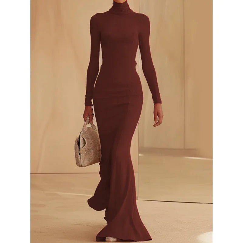 FZ Women's Solid Color Ribbed Knit High Neck Mermaid Maxi Dress
