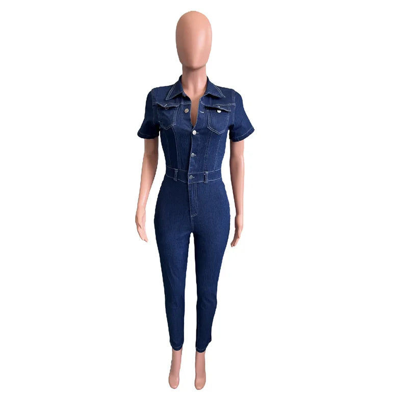 FZ Women's Commuter Slim Fit Pencil Tight Single-breasted Denim Jumpsuit