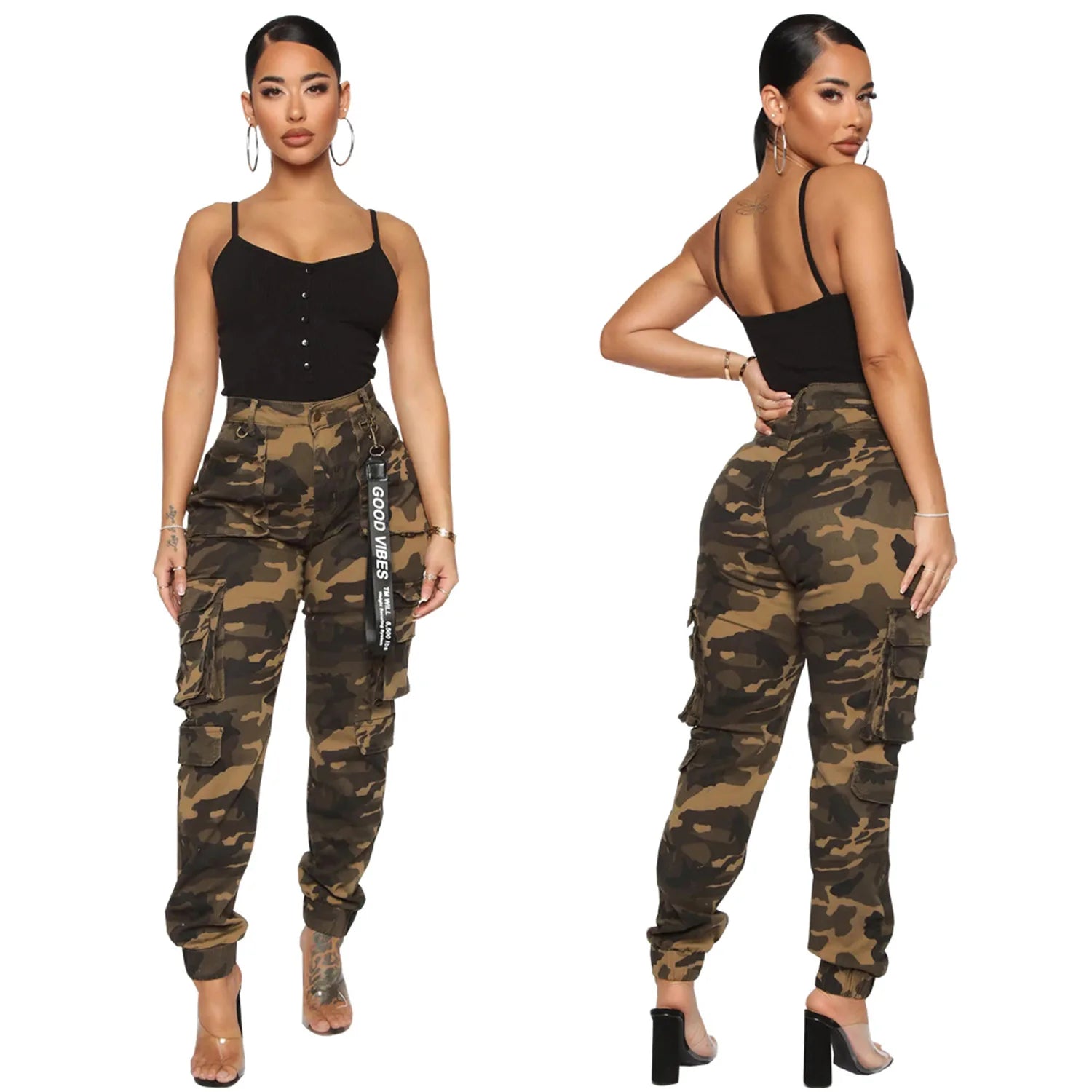 FZ Women's Camouflage Print Streetwear High Waist Side Pockets Cargo Pants - FZwear