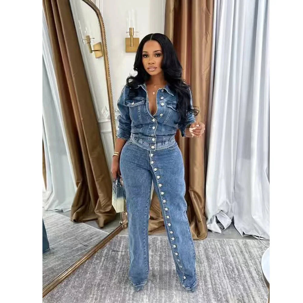 FZ Women's Y2K Streetwear 2 Piece Denim Pant Suit