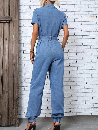 Benuynffy Half Button Belted Denim Jumpsuit Women Summer Short Sleeve Pockets Casual Overalls for Women's Jeans Jumpsuits 2024 FZwear