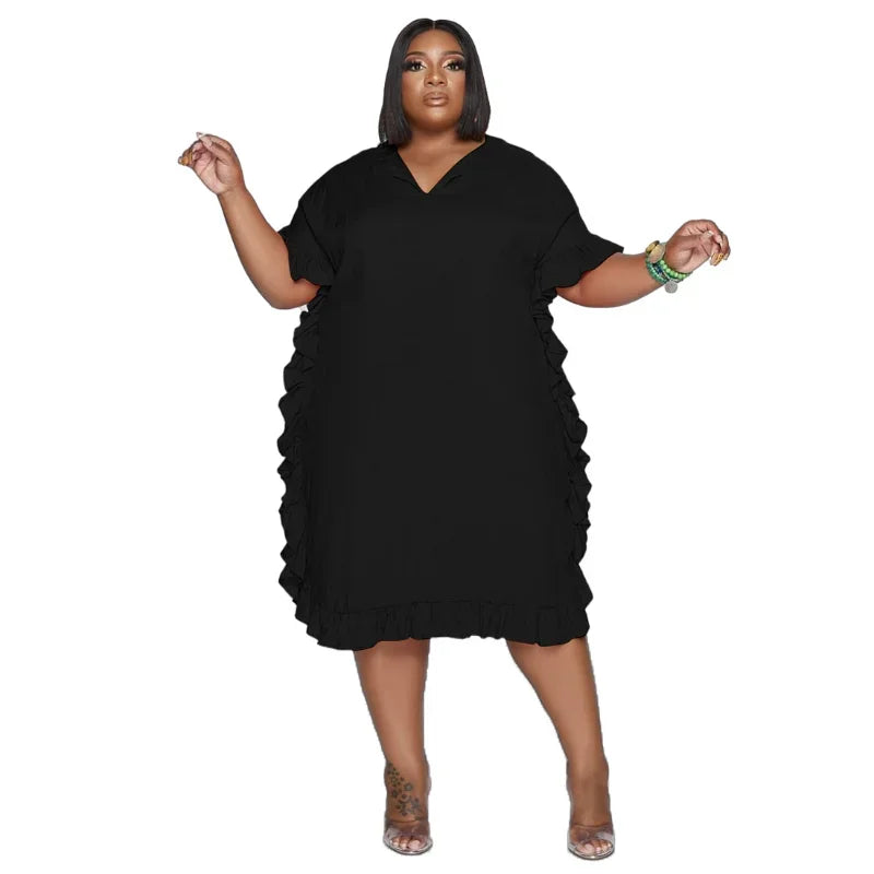 FZ Women's Plus Size Side Ruffles Short Sleeve Midi Streetwear Dress