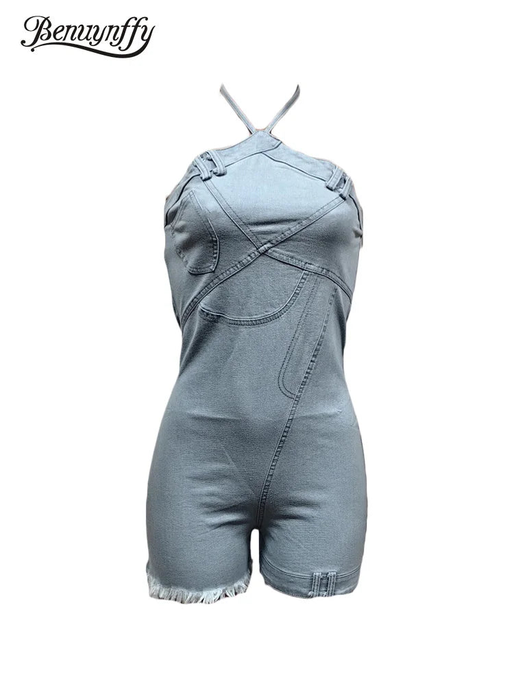 Benuynffy Halter Tie Neck Denim Jumpsuit Romper Women Summer Sexy Club Party Backless Zipper Raw Trim Jumpsuit Shorts 2024 New FZwear