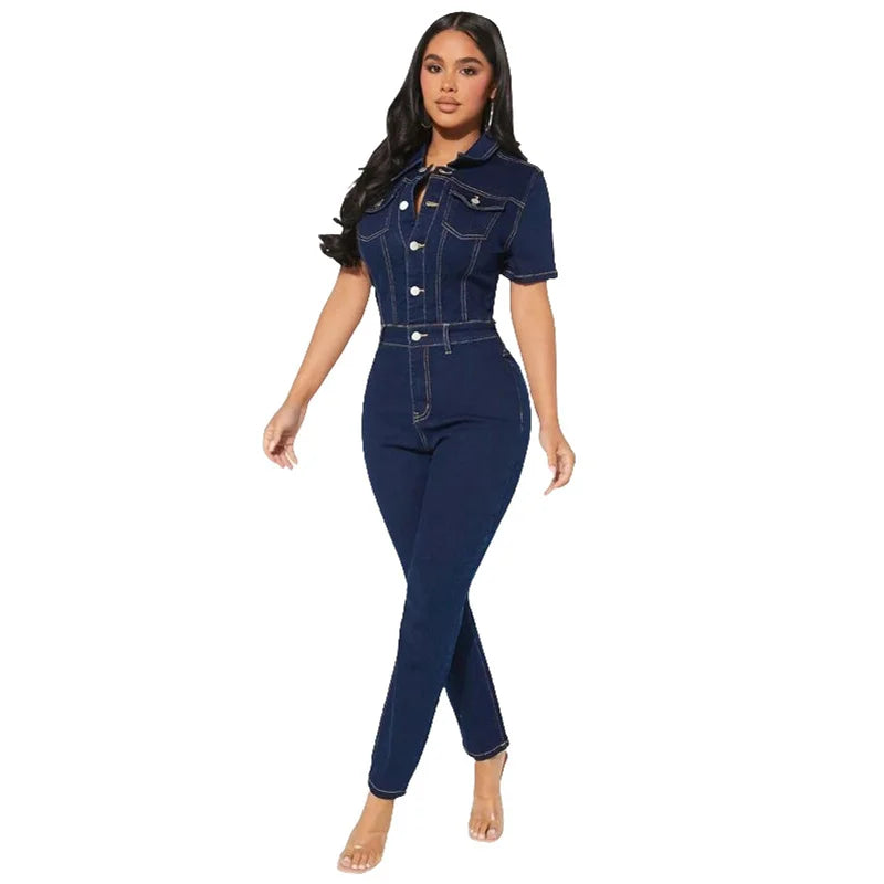 FZ Women's Commuter Slim Fit Pencil Tight Single-breasted Denim Jumpsuit