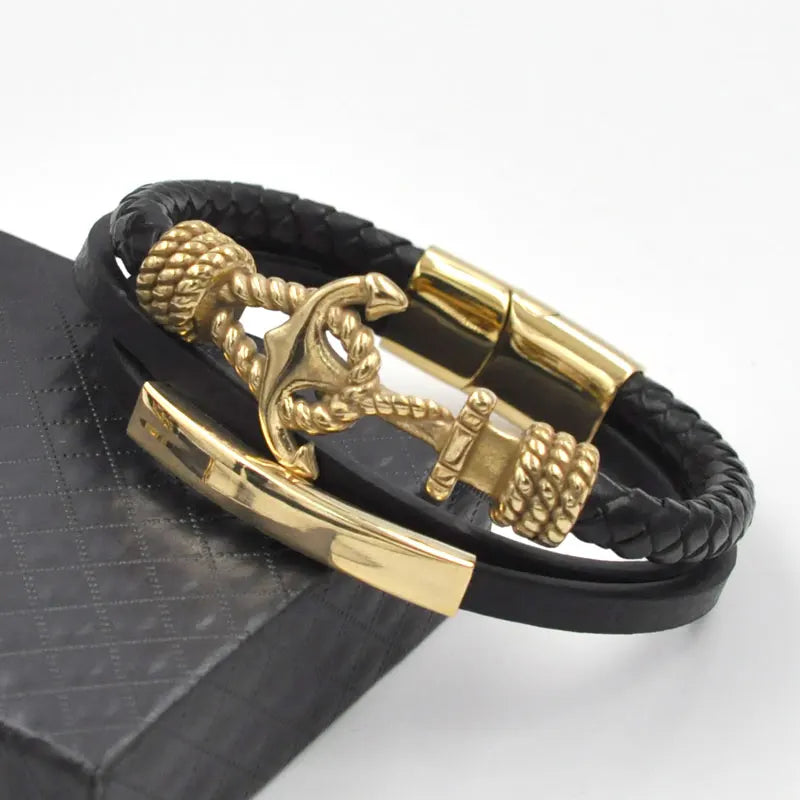 FZ Black Multilayer Leather Stainless Steel Anchor Magnetic Clasp Braided Bracelet - FZwear