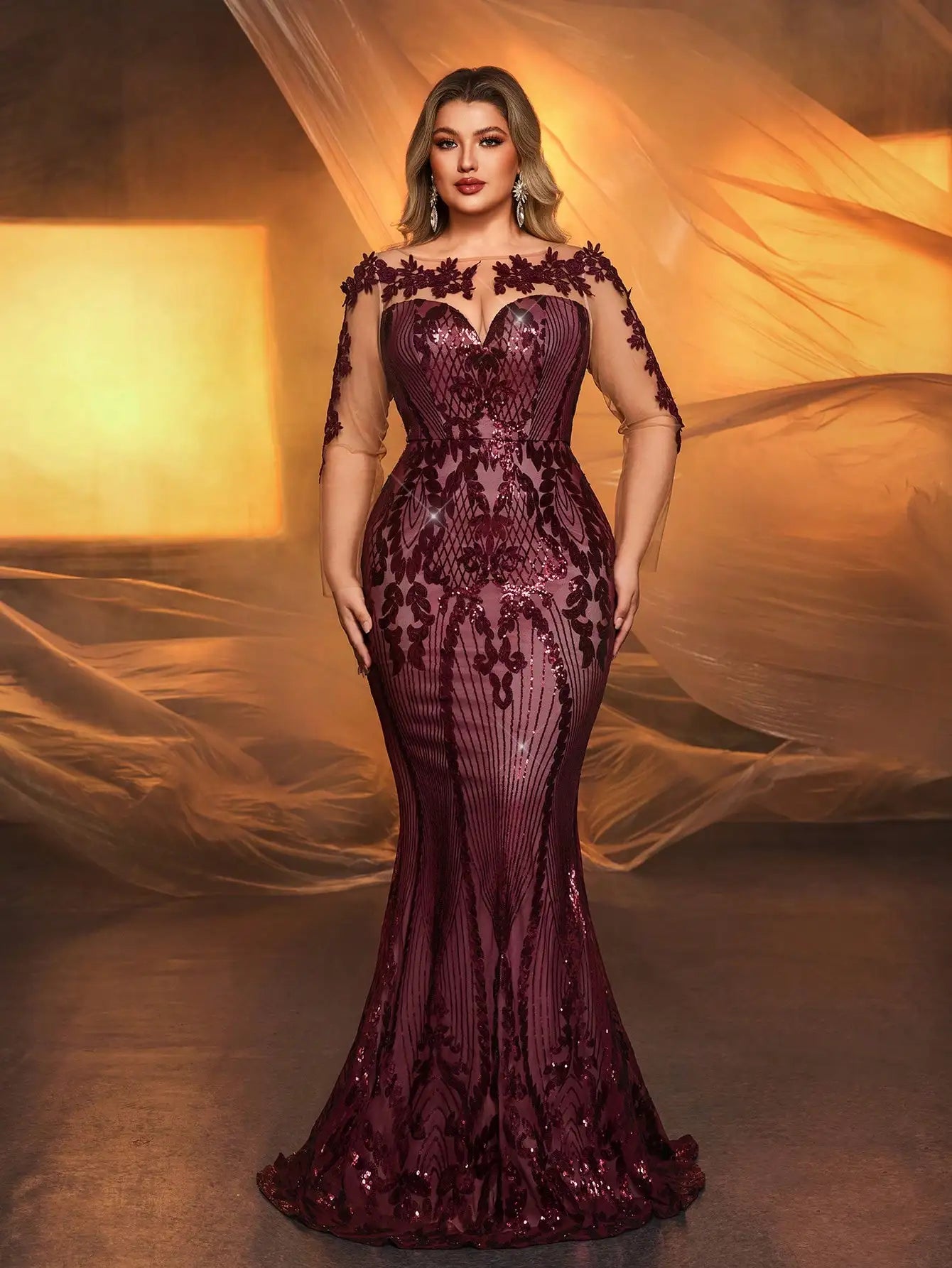 FZ Women's Plus Size Mermaid Sequin Embroidery Floor Length Evening Dress