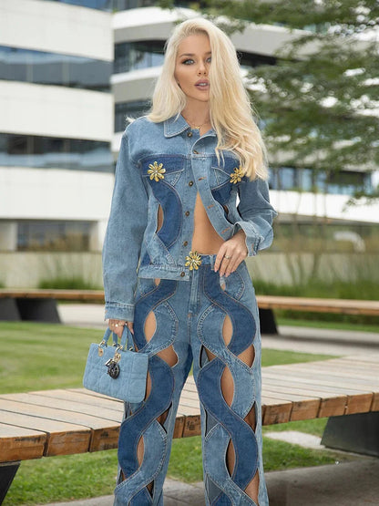 High Quality Women'S Blue Fashion Street Flower Decoration Denim Jacket Sexy Lapel Long Sleeved Hollow Single Breasted Coat FZwear