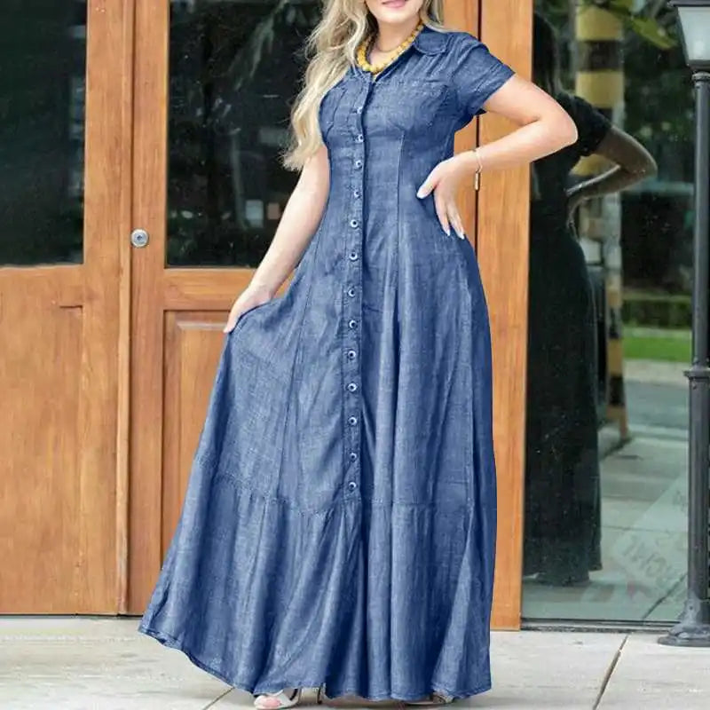 FZ Women's Long Swing Elegant Temperament Single Breasted Denim Sun Dress - FZwear