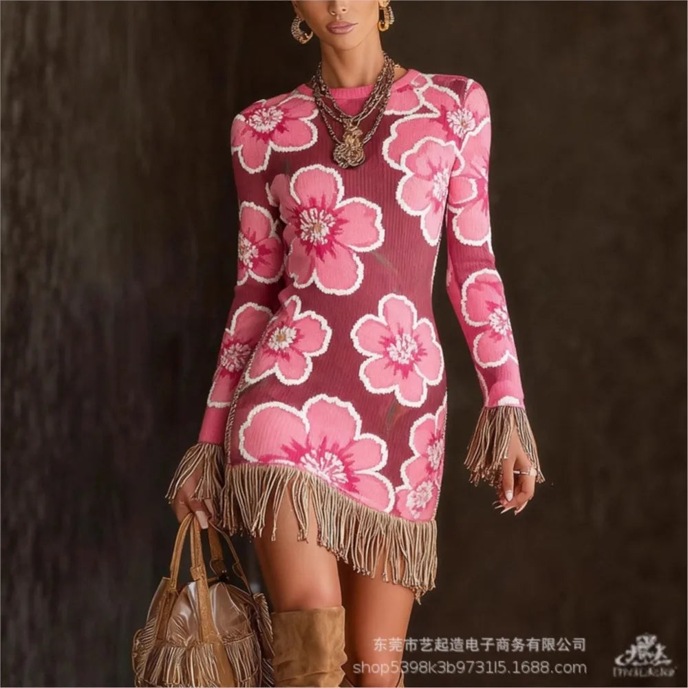 FZ Women's Retro Print Tassel Slim Fit O Neck  Mini Knitted Sweater Dress