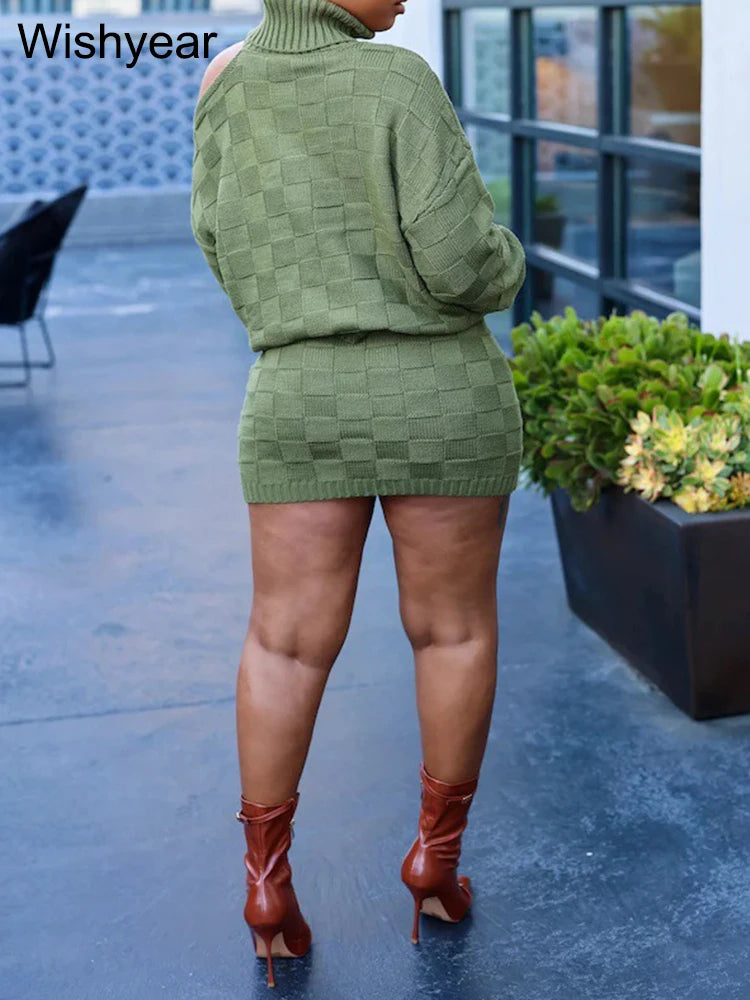 FZ Women's Long Sleeve Turtleneck Grid Knitted  2 Piece Mini Skirt Suit