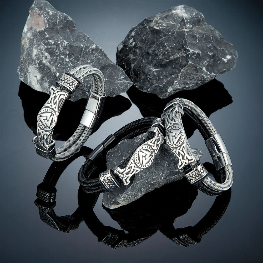 FZ Men's Stainless Steel Norse Runes Double-Layer Wire Rope Bracelet