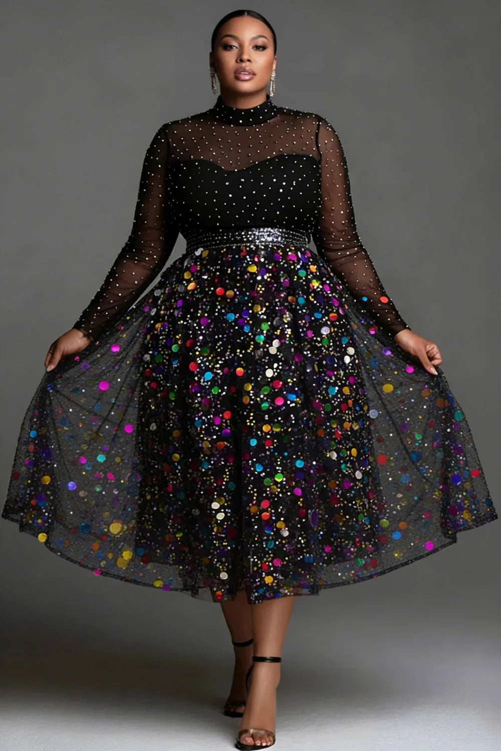 FZ Women's Plus Size Tulle Multicolor Mock Neck Midi Dress