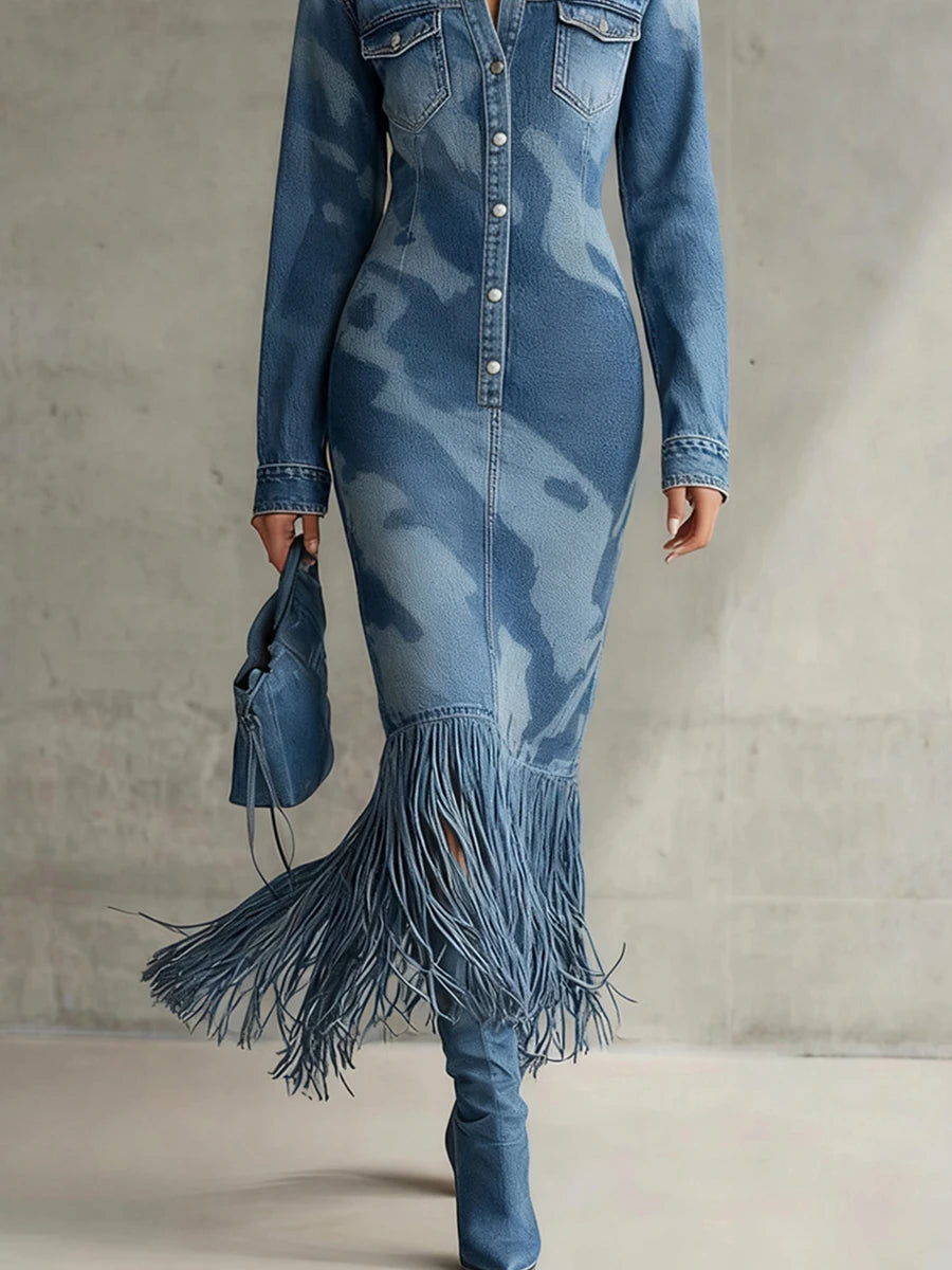 FZ Women's Vintage Blue Camo Denim Print Midi Dress