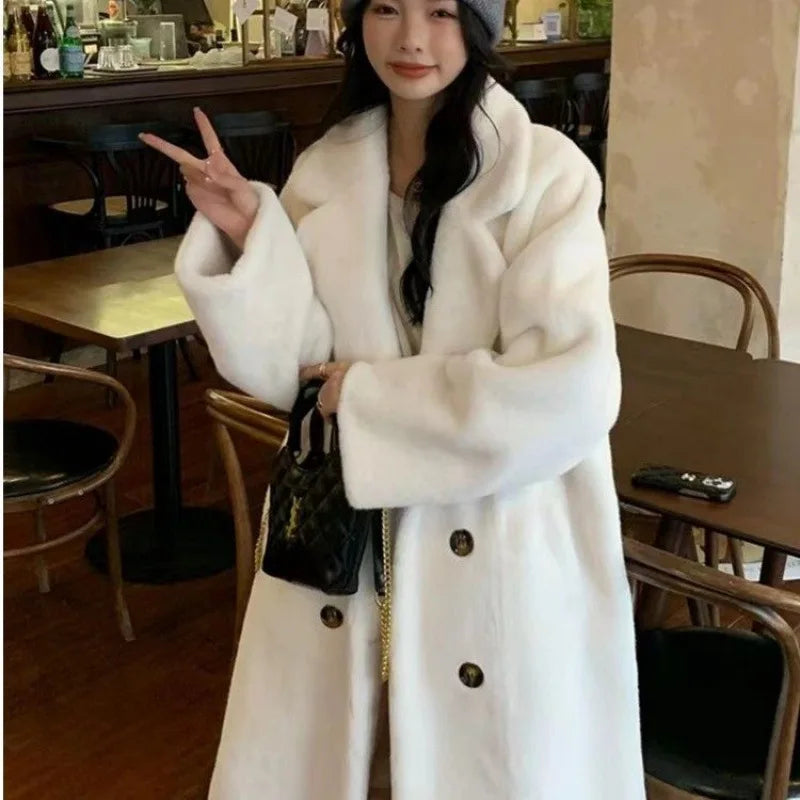 FZ Women's Faux Mink Long Sleeves Single Breasted Thick Loose Coat Jacket