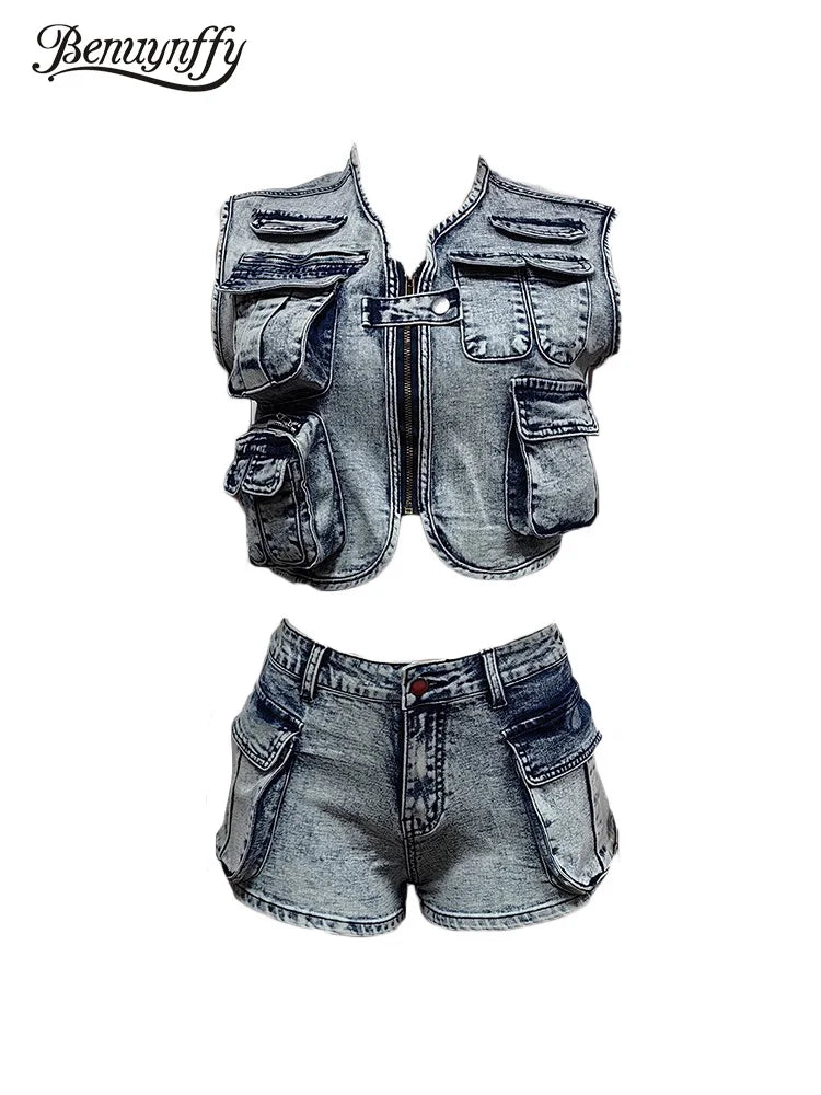 Benuynffy New Y2k Cargo Denim Shorts Set Streetwear Women Sleeveless Denim Vest Multi-pocket Stretch Jean Shorts Two Piece Sets FZwear