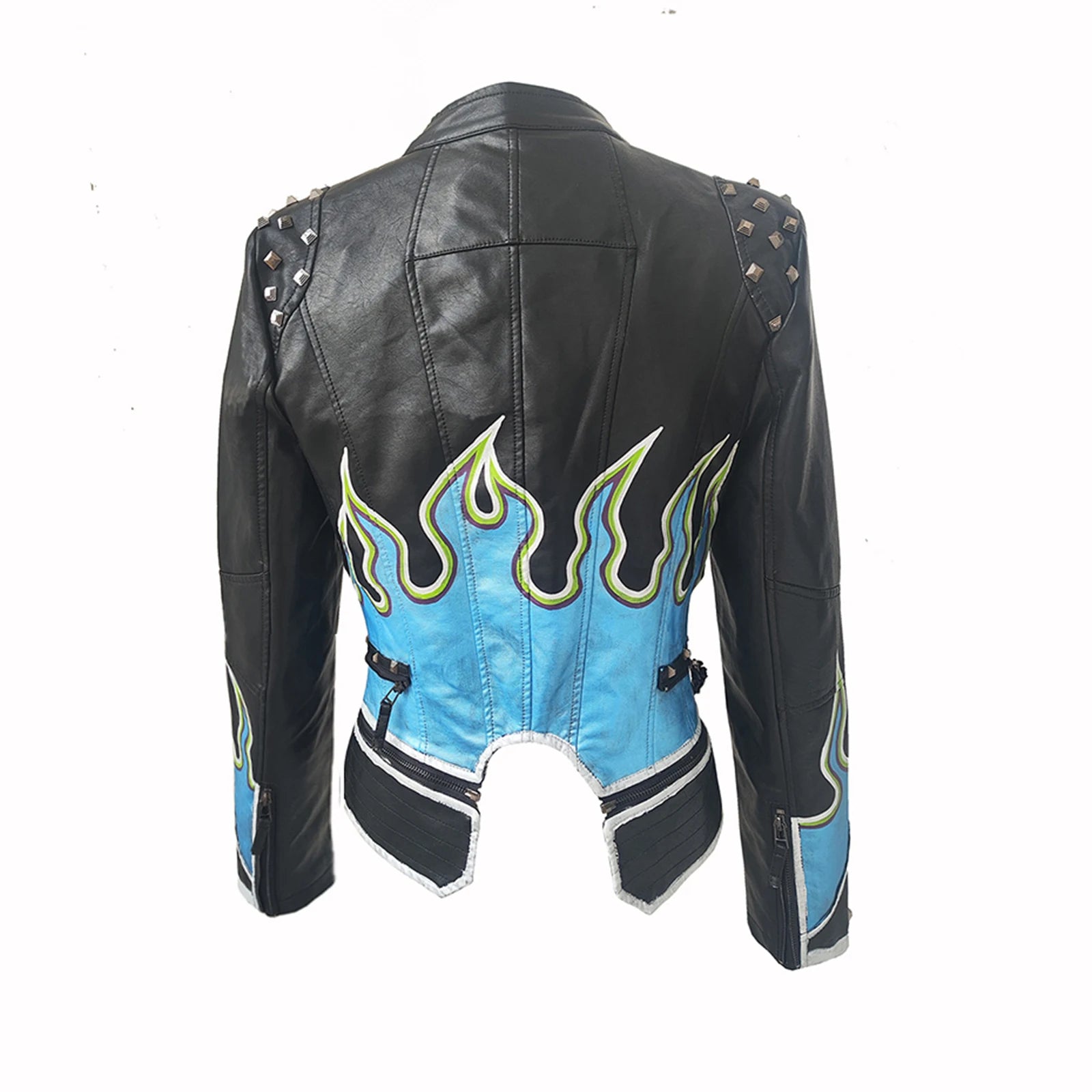 FZ Women's Flame Painting Faux Leather Studded Moto Streetwear PU Jacket