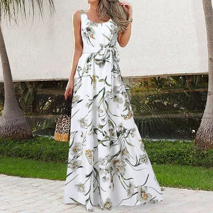 FZ Women's Elegant Square Neck Sleeveless Printed Floor-Length Sun Dress - FZwear
