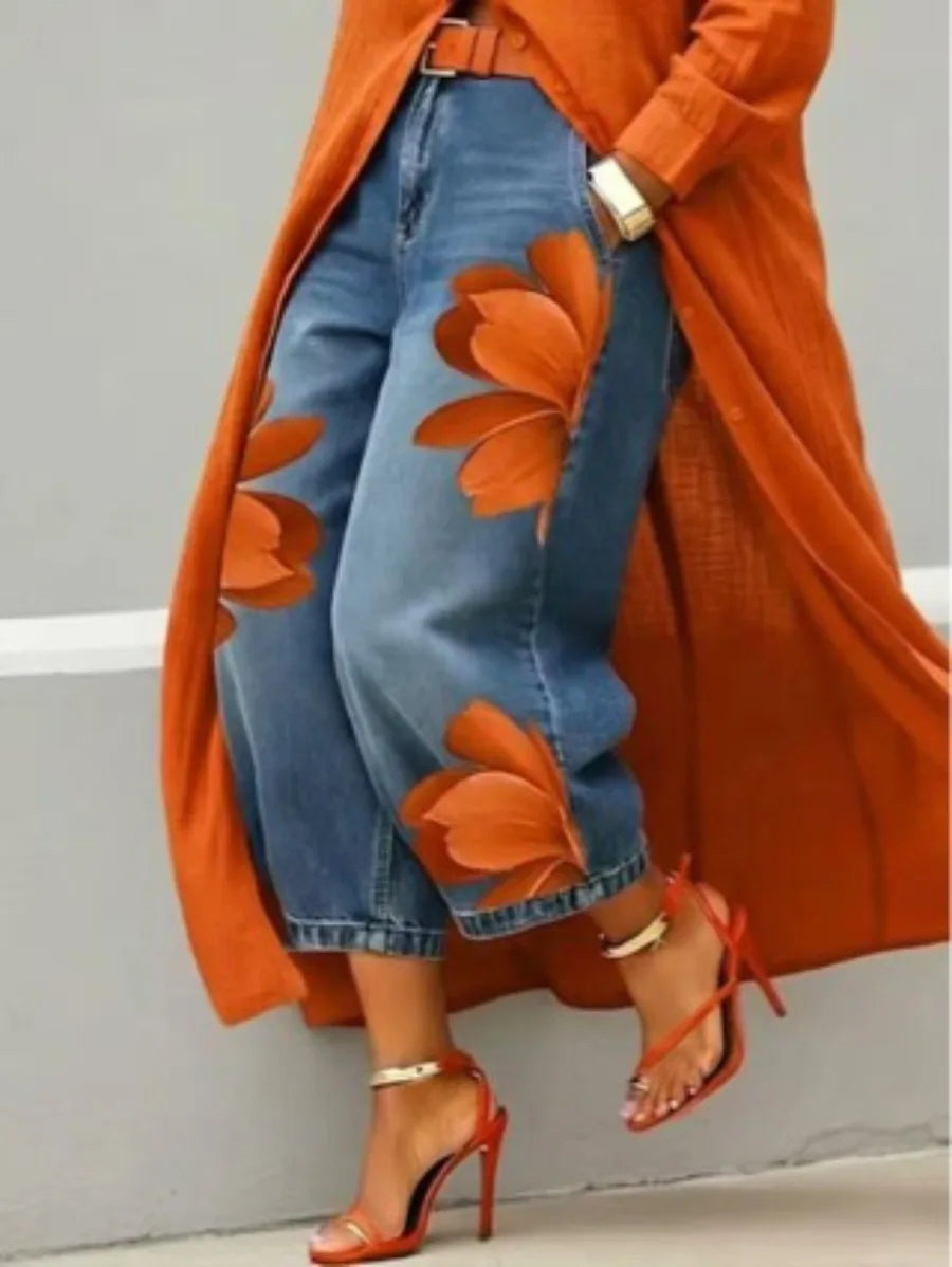 FZ Women's Floral Print High Waist Loose Fit Wide Leg Denim Pants