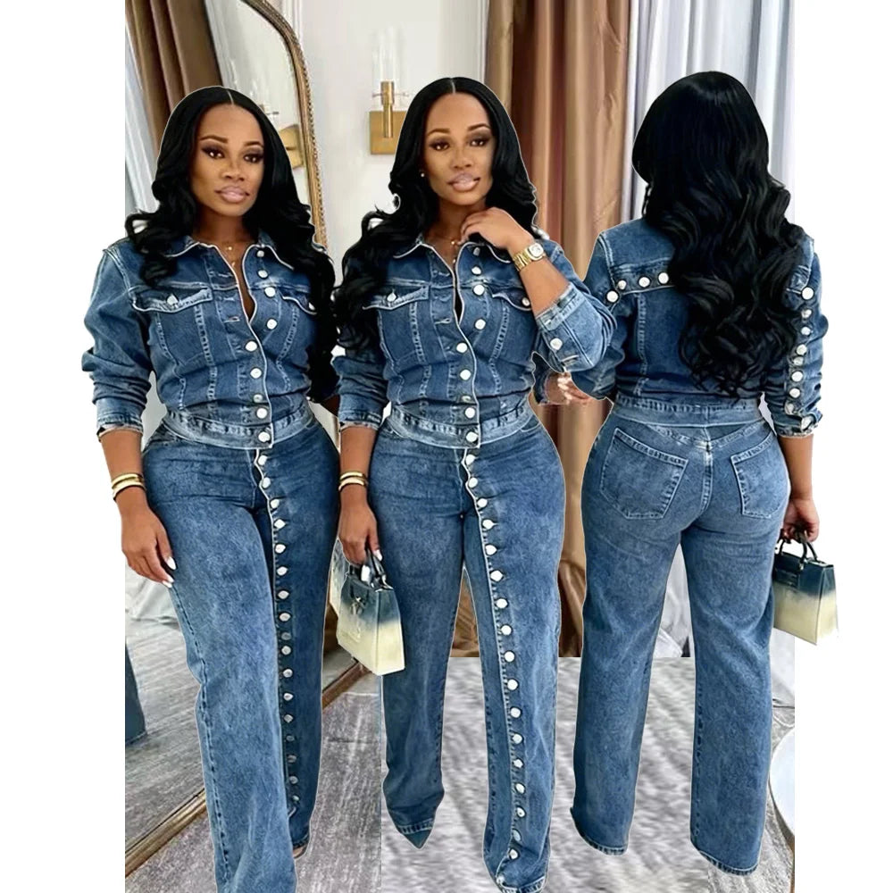 FZ Women's Y2K Streetwear 2 Piece Denim Pant Suit