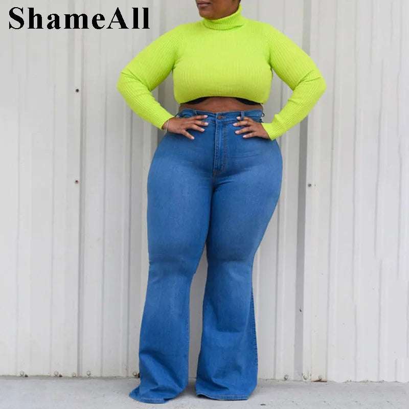 Plus Size Wide Lge Super Stretchy Flare Jeans Mom 4XL Fall Spring Sexy High Waisted Matching Slim Fit Skinny Denim Bell Bottoms FZwear